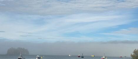 A coastal scene with several boats on calm waters, a rocky shoreline, and a distant fog-covered landmass.