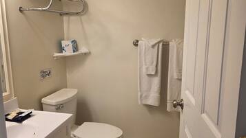 A bathroom with a toilet, sink, and towel rack.