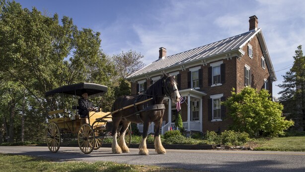 A horse-drawn carriage parked in front of a brick house with a white porch and a chimney. - Pheasant Field B&B (Carlisle)