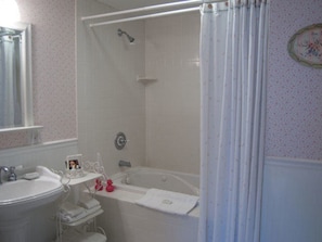 Combined shower/bathtub, jetted bath, hair dryer, towels