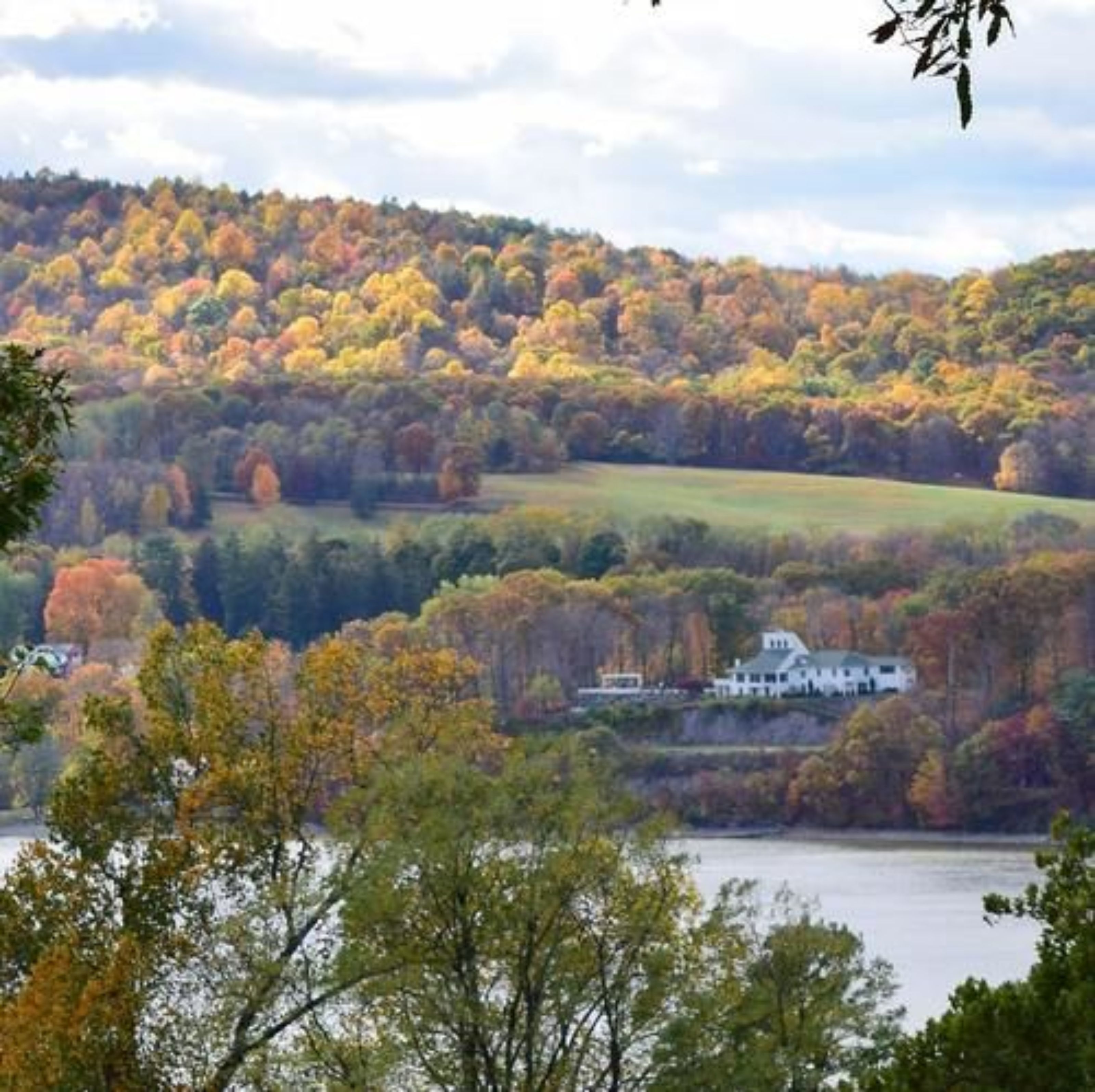 Ein Haus auf einem Hügel mit Blick auf einen See, umgeben von Herbstlaub.
