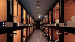 Camas literas en fila con paneles de control individuales, suelo de madera e iluminación colgante.