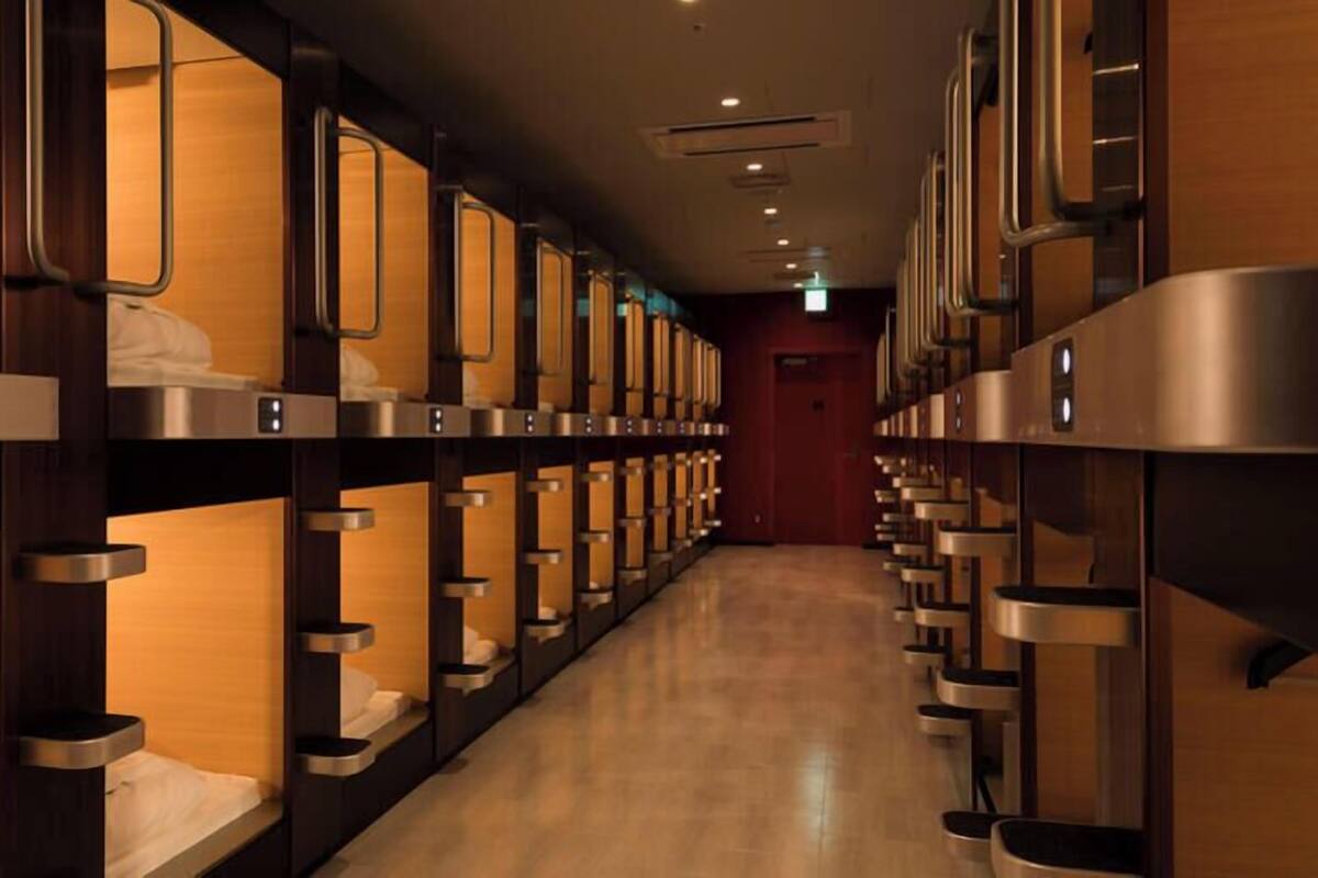 Une rangée de lits superposés, chacun doté d’une tête de lit individuelle, et un plancher en bois.