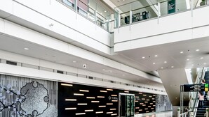 Un interior moderno con barandilla de cristal, una escalera y una pared con diseño geométrico y una puerta con la leyenda 'TUBES'.