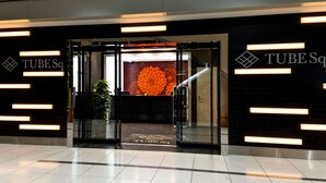 Una entrada moderna con puertas de vidrio, una mesa de recepción y una pared decorativa.