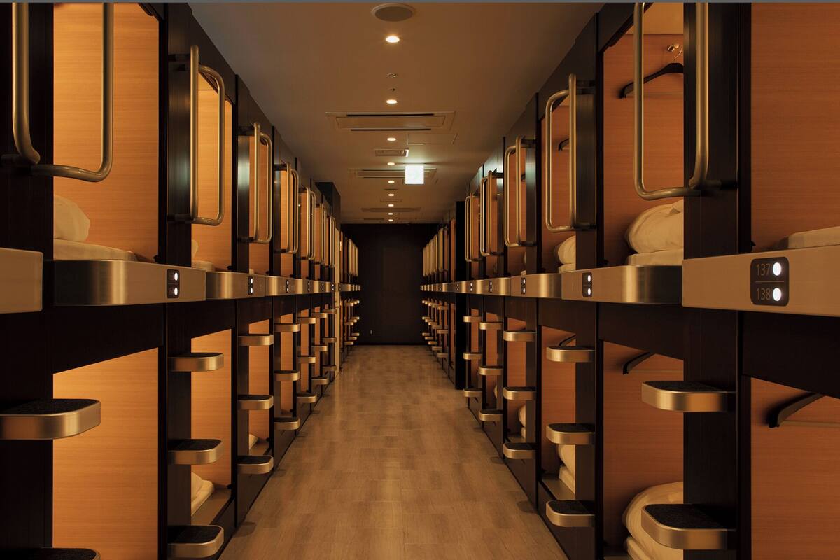 Une rangée de lits superposés, chacun étant doté d’un compartiment individuel, d’une petite étagère et d’une lampe.