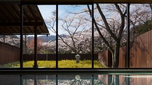 Una stanza tradizionale giapponese con vista sui fiori di ciliegio attraverso ampie finestre.