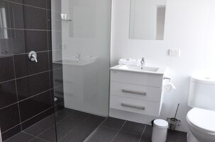 Shower, free toiletries, hair dryer, towels