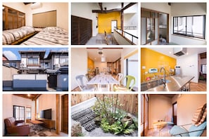 Una serie de espacios interiores con arquitectura japonesa tradicional, que incluyen puertas correderas, suelo de tatami y una zona de comedor con una mesa baja y sillas.