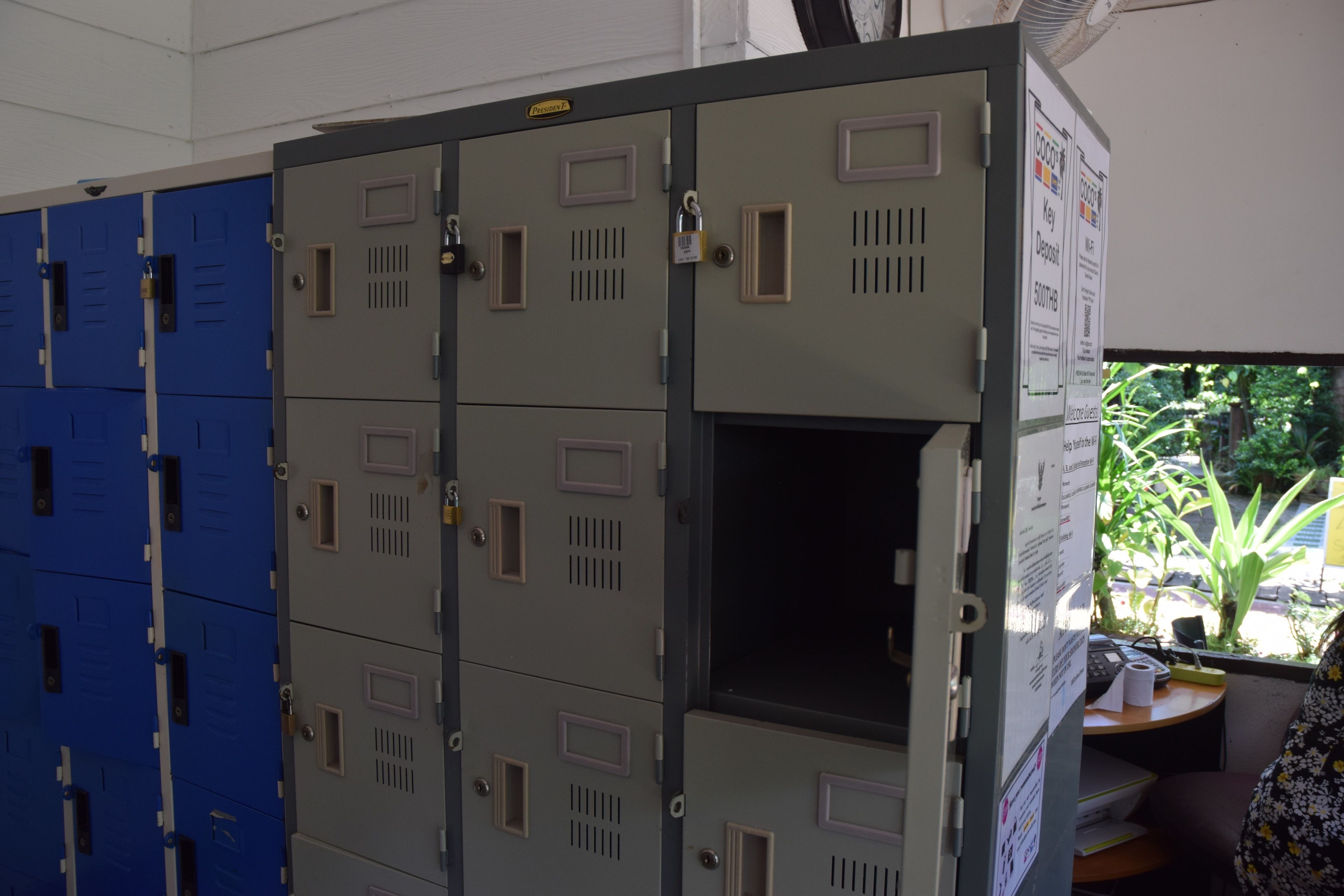 A row of lockers with a window view of greenery outside.