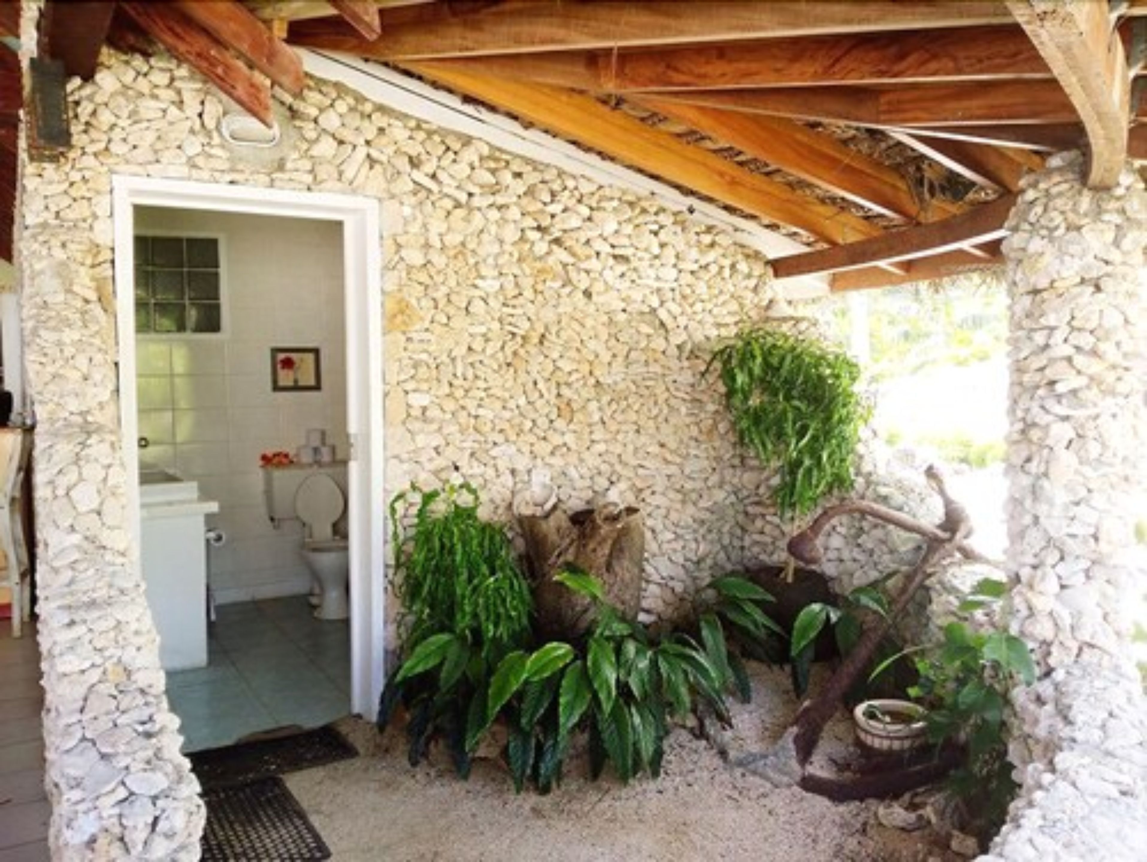 A rustic stone-walled bathroom with a wooden ceiling, a white door, and green plants.