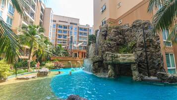 Outdoor pool, pool umbrellas, pool loungers