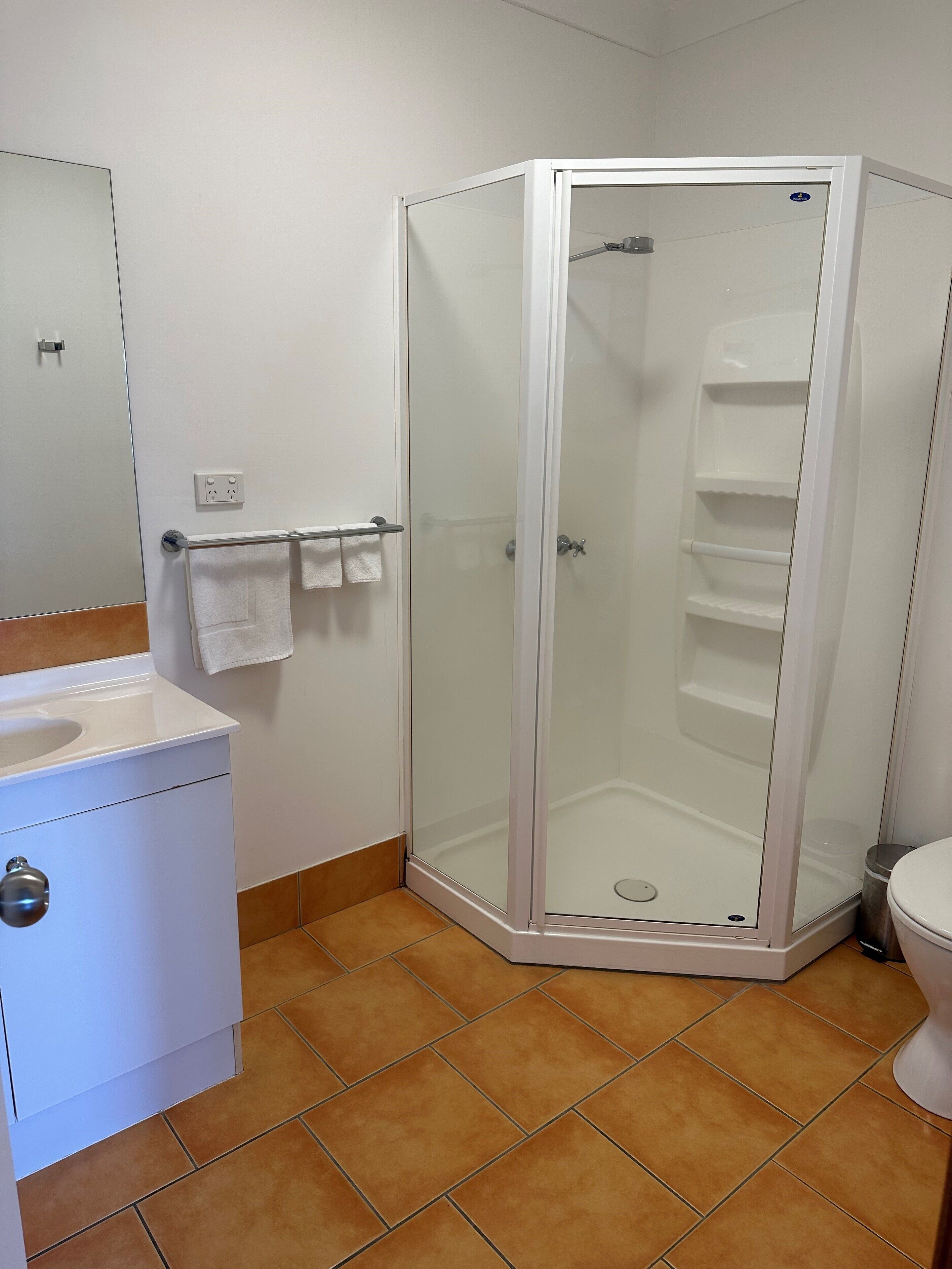 A bathroom with a glass-enclosed shower, a white sink, and a toilet.