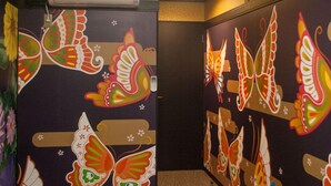 A hallway with colorful butterfly murals on the walls and a red carpet. - Picnic Hostel Osaka (Osaka)