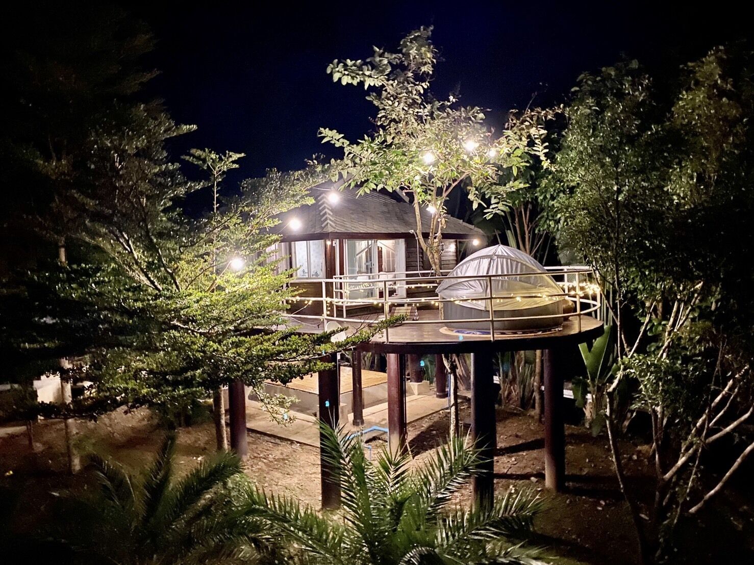 A treehouse with a circular deck, a small enclosed area, and a dome structure.