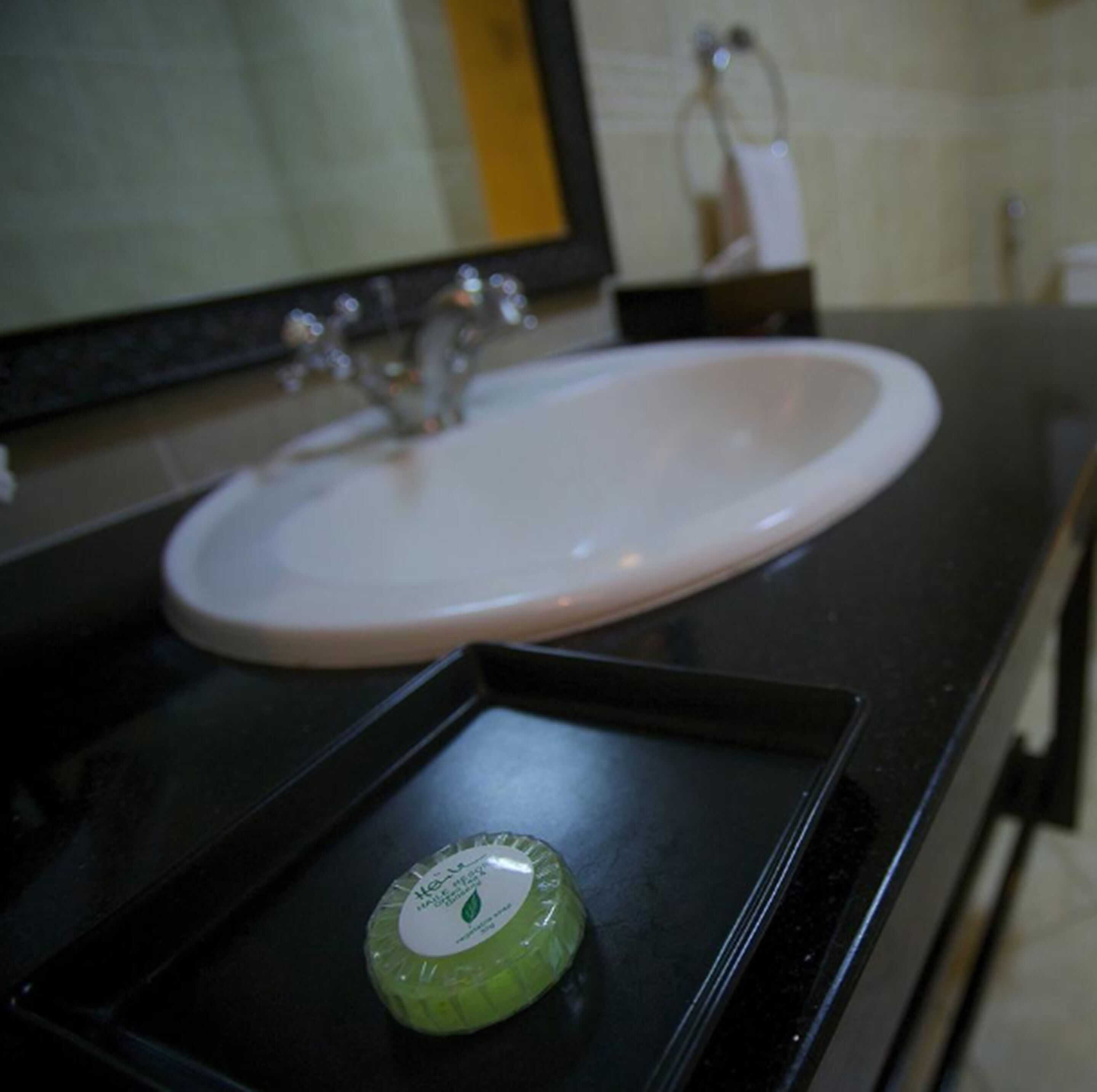 A bathroom sink with a mirror above it and a soap dish with a green soap bar on the countertop.