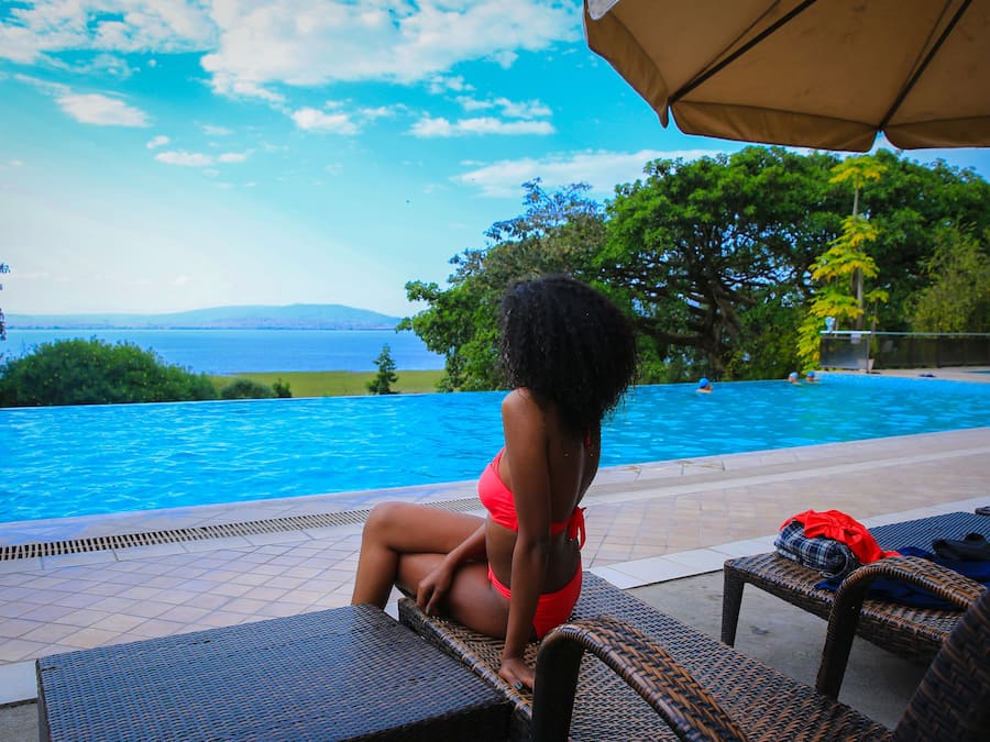 Outdoor pool, pool umbrellas, pool loungers