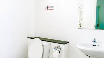 Dusch, gratis toalettartiklar, hårtork och handdukar