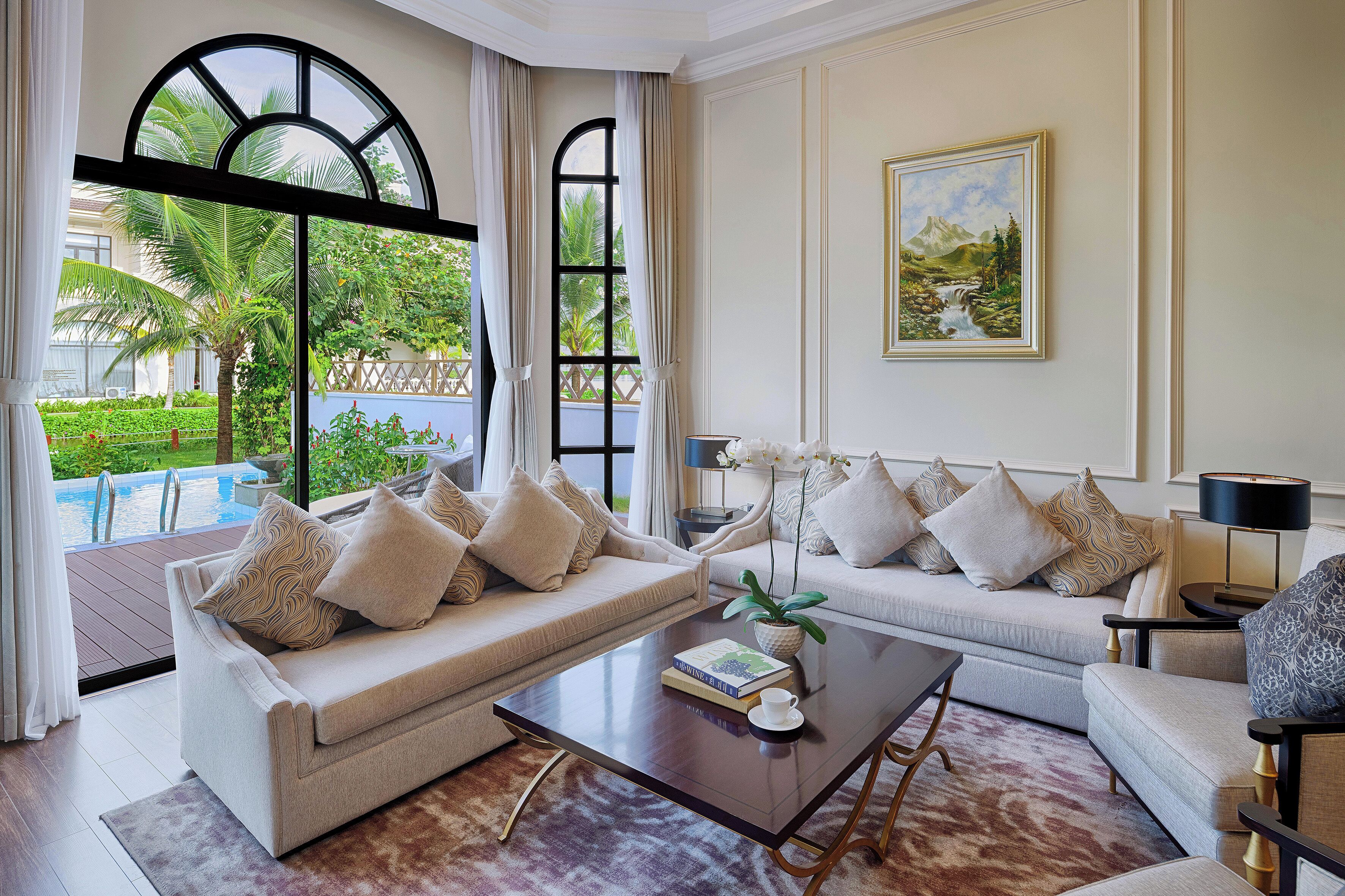 3-bedroom villa lake view with private pool | living area | lcd tv