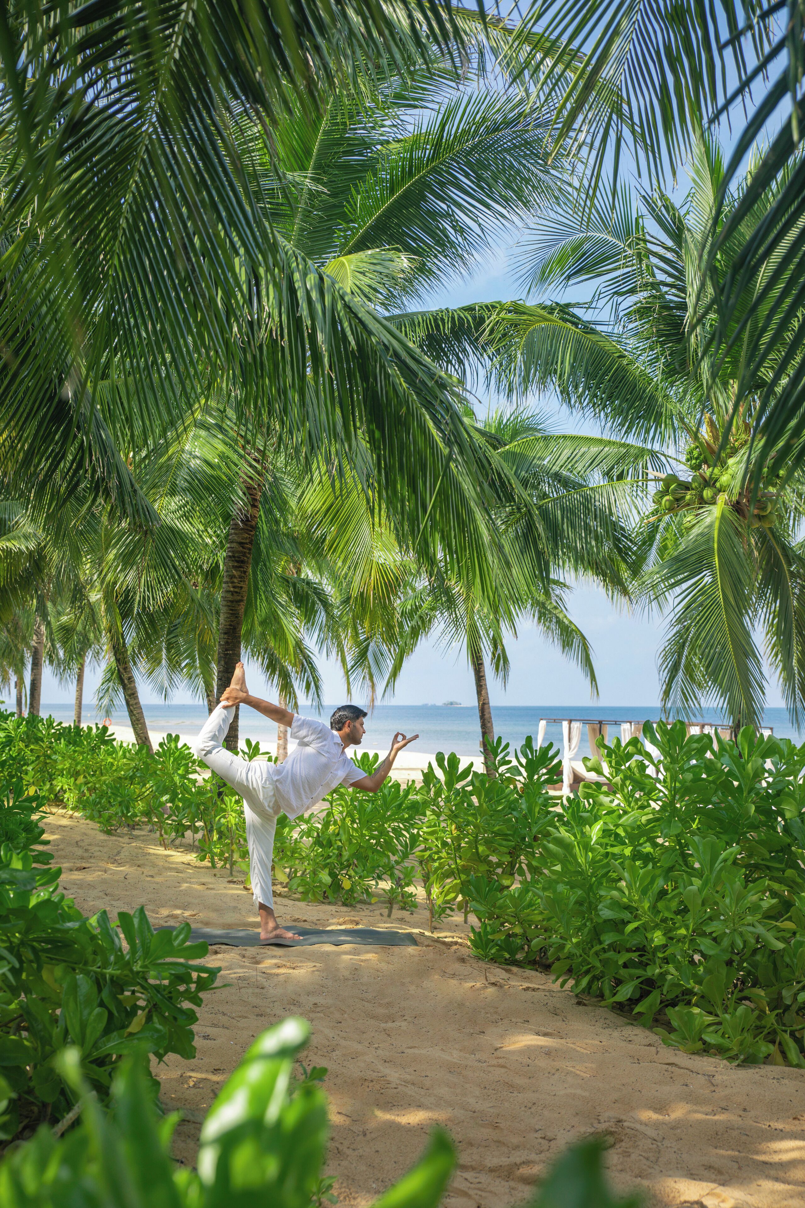 A person performing a yoga pose on a sandy path surrounded by lush greenery and palm trees, with a beach and ocean in the background.