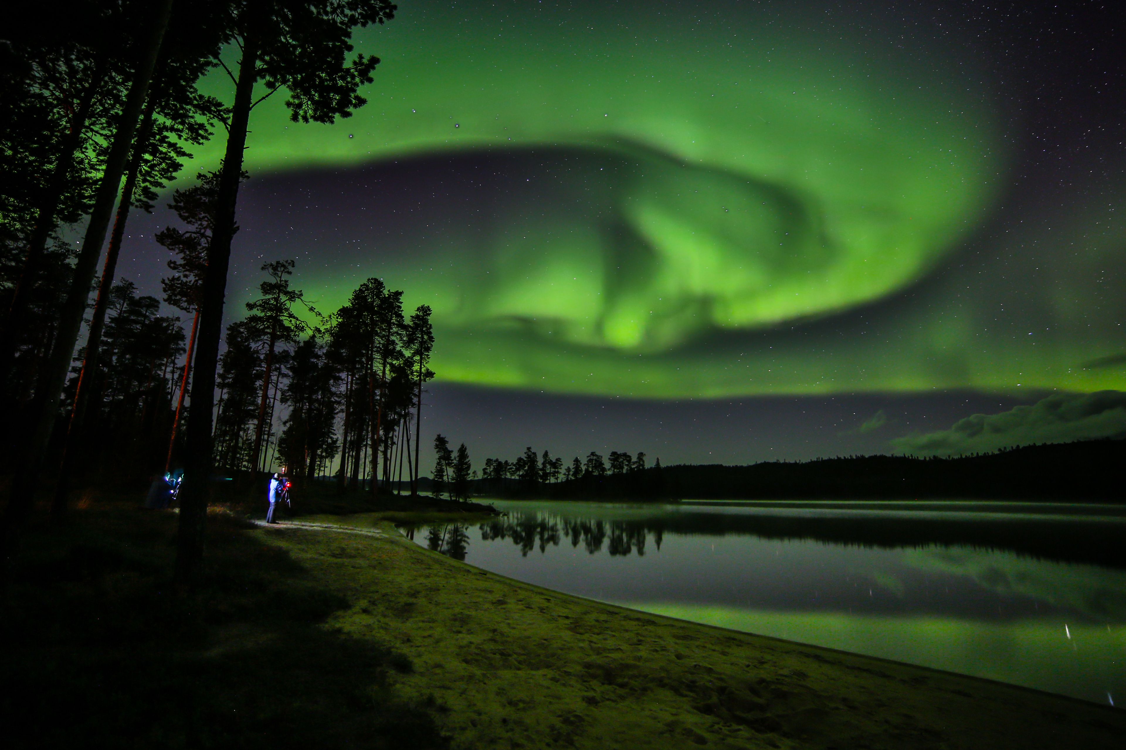 A nighttime view of the Northern Lights over a calm lake with trees and a person standing by the water's edge.