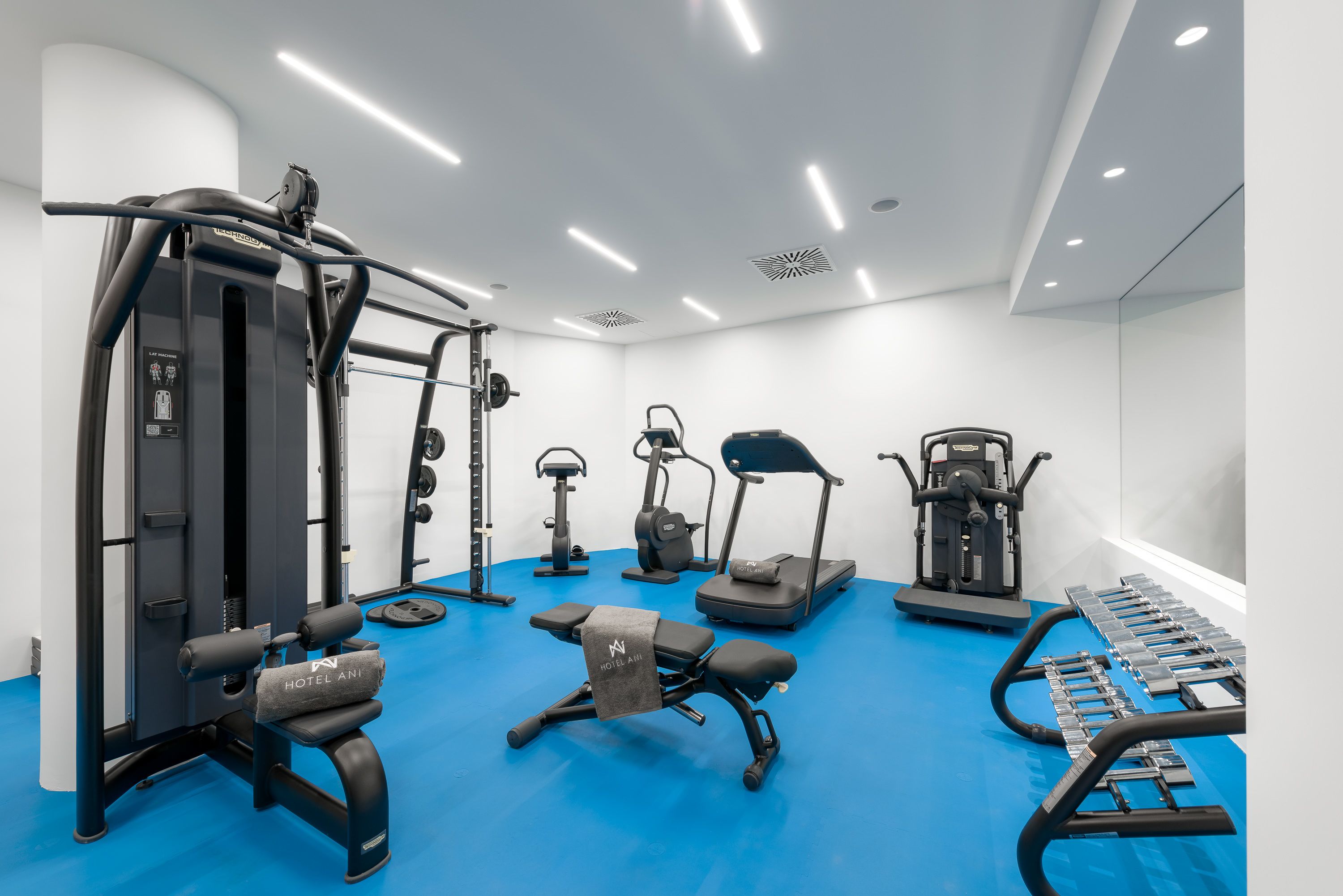 Une salle de sport moderne, située dans l’hôtel, et équipée de divers appareils d’exercice, notamment un banc de musculation, un tapis de course et un rameur.