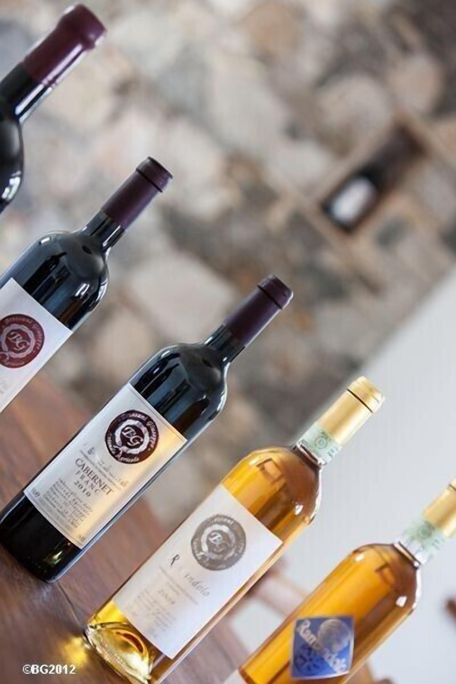 Three wine bottles with labels, placed on a wooden surface.