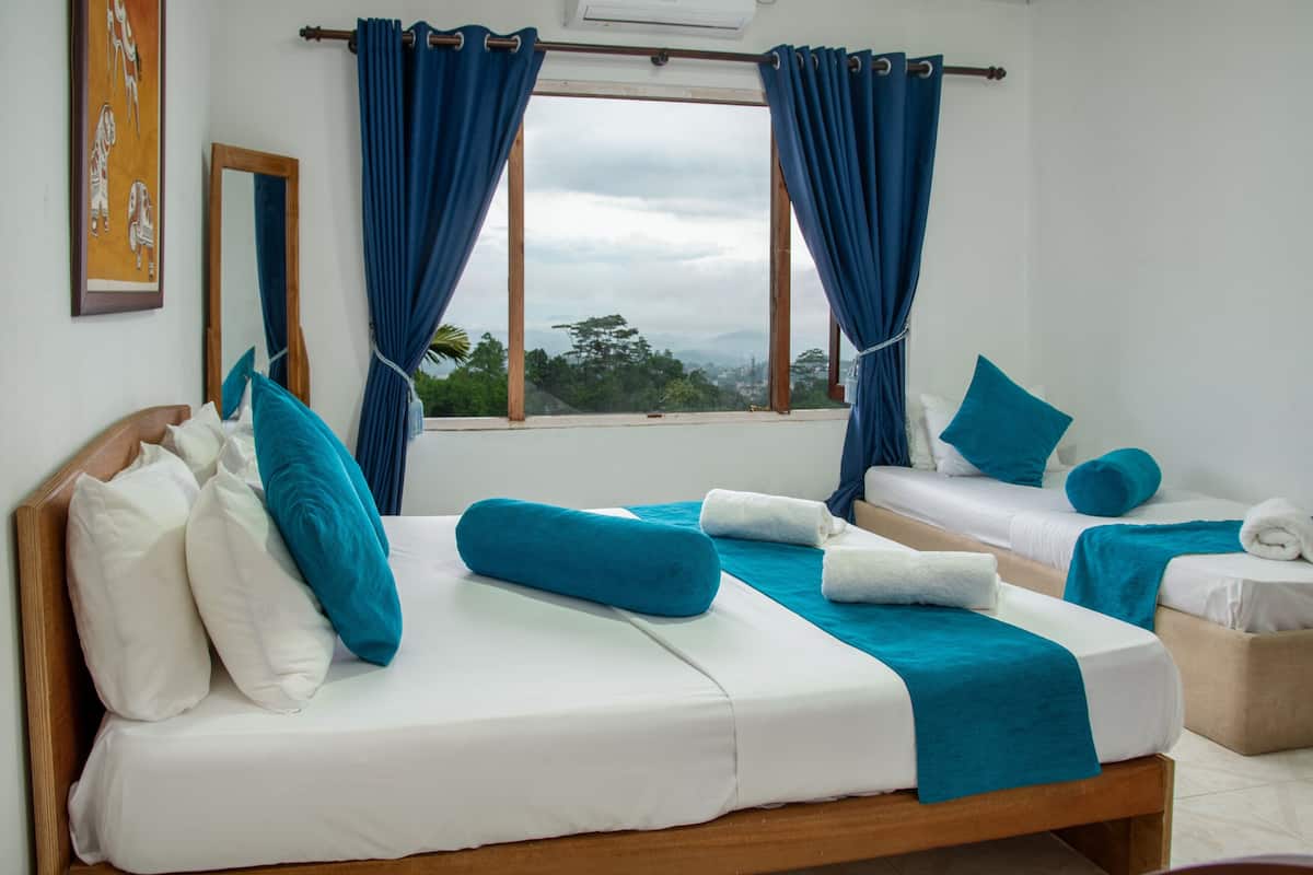 A hotel room with two beds, a large window with curtains, a mirror, and a view of greenery.