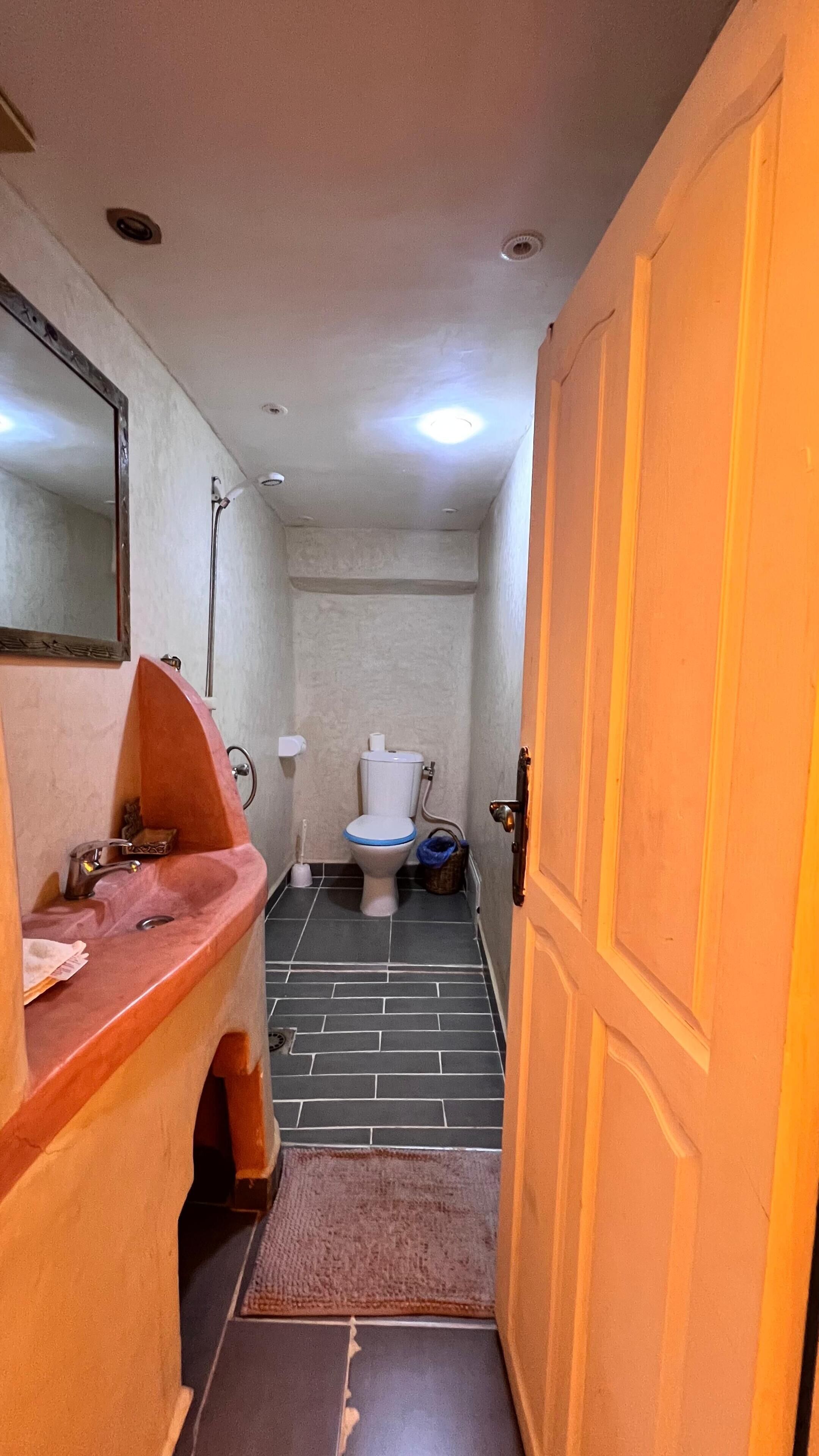 Een badkamer met een wastafel, spiegel, toilet en douche.