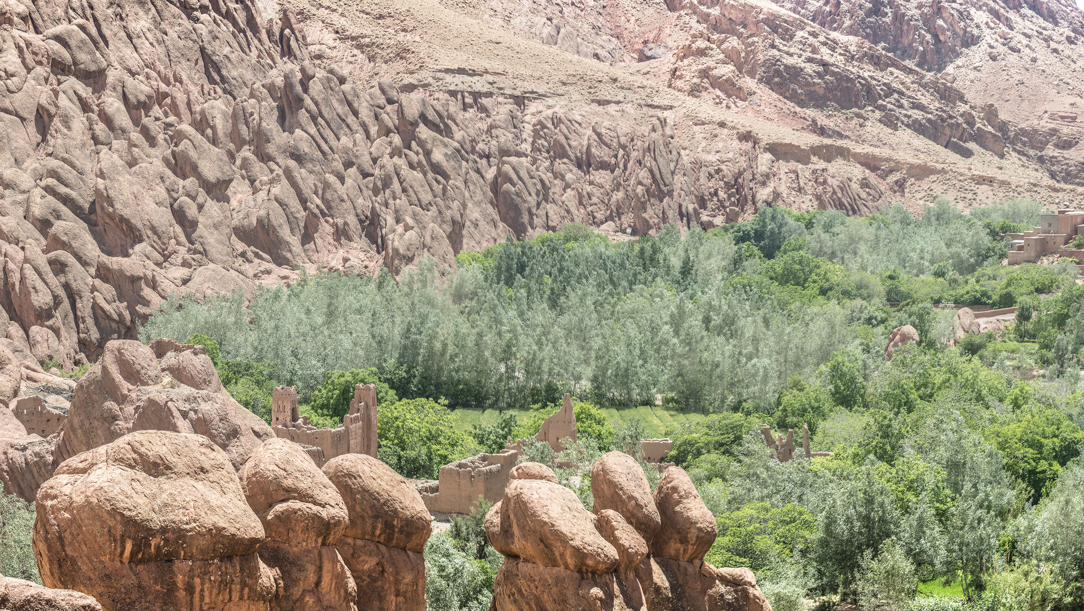 A rugged landscape with rocky formations and dense greenery.