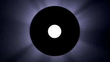 A circular object with a central white dot, surrounded by a dark ring.