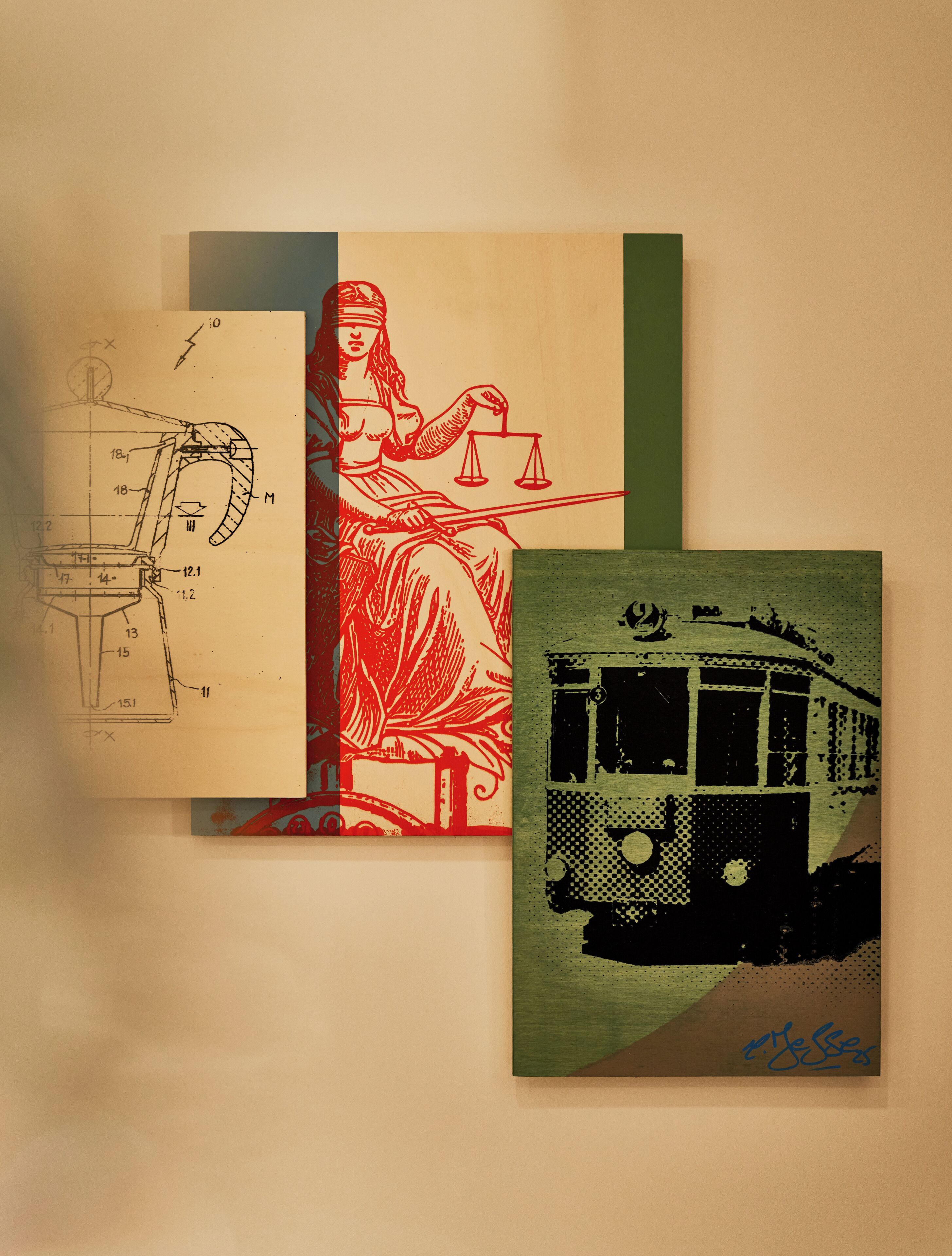 Three artworks: a mechanical drawing, a figure with scales, and a bus.