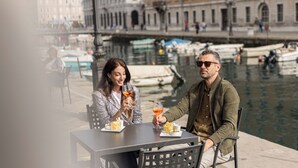 Two people sitting at a table by a waterfront, with a cityscape and boats in the background. - Urbanauts Studios Minelli (Trieste)