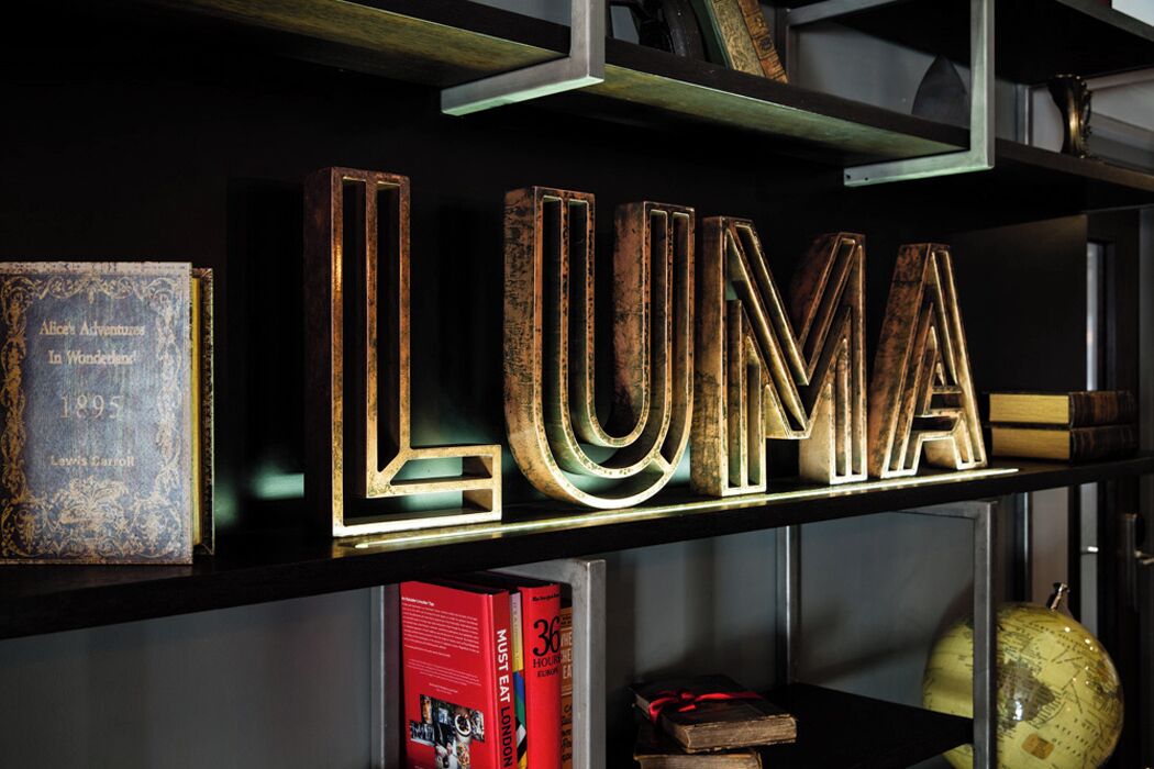 A bookshelf with the word 'LUMA' illuminated in large letters, surrounded by books and a globe.