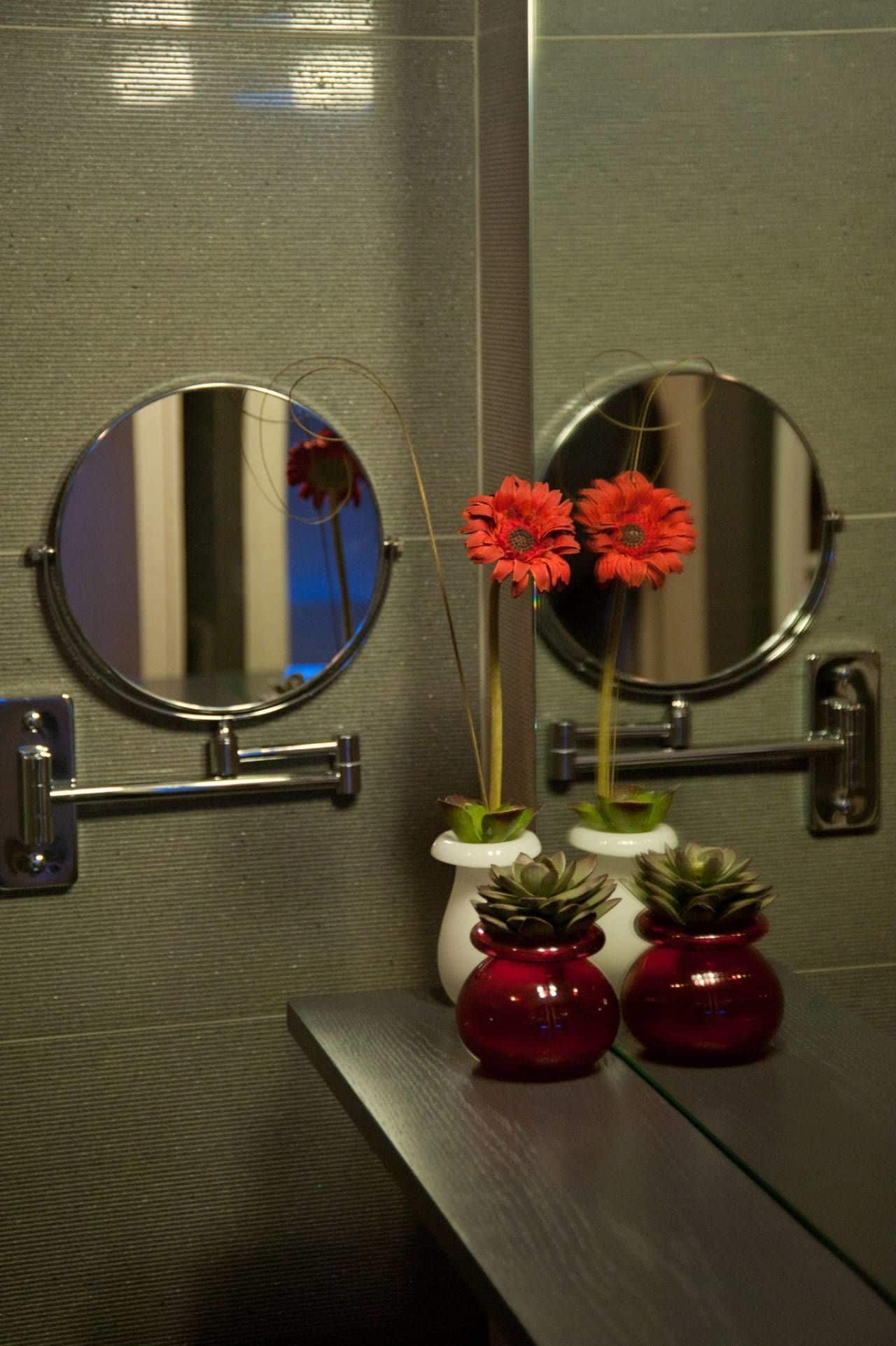 Een badkamer met een spiegel, drie potplanten en een handdoekhouder.