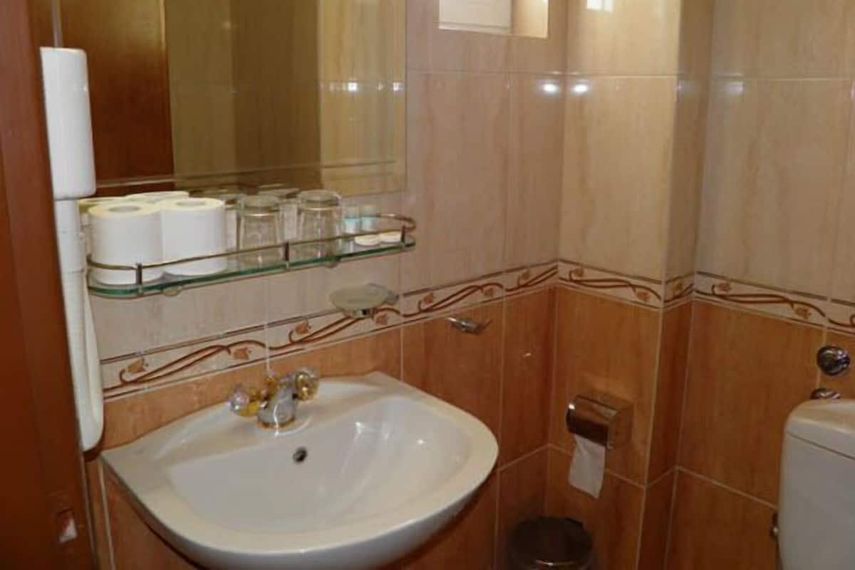 Une salle de bain avec un lavabo blanc, une étagère en verre où sont rangés les articles de toilette, un miroir et des toilettes.