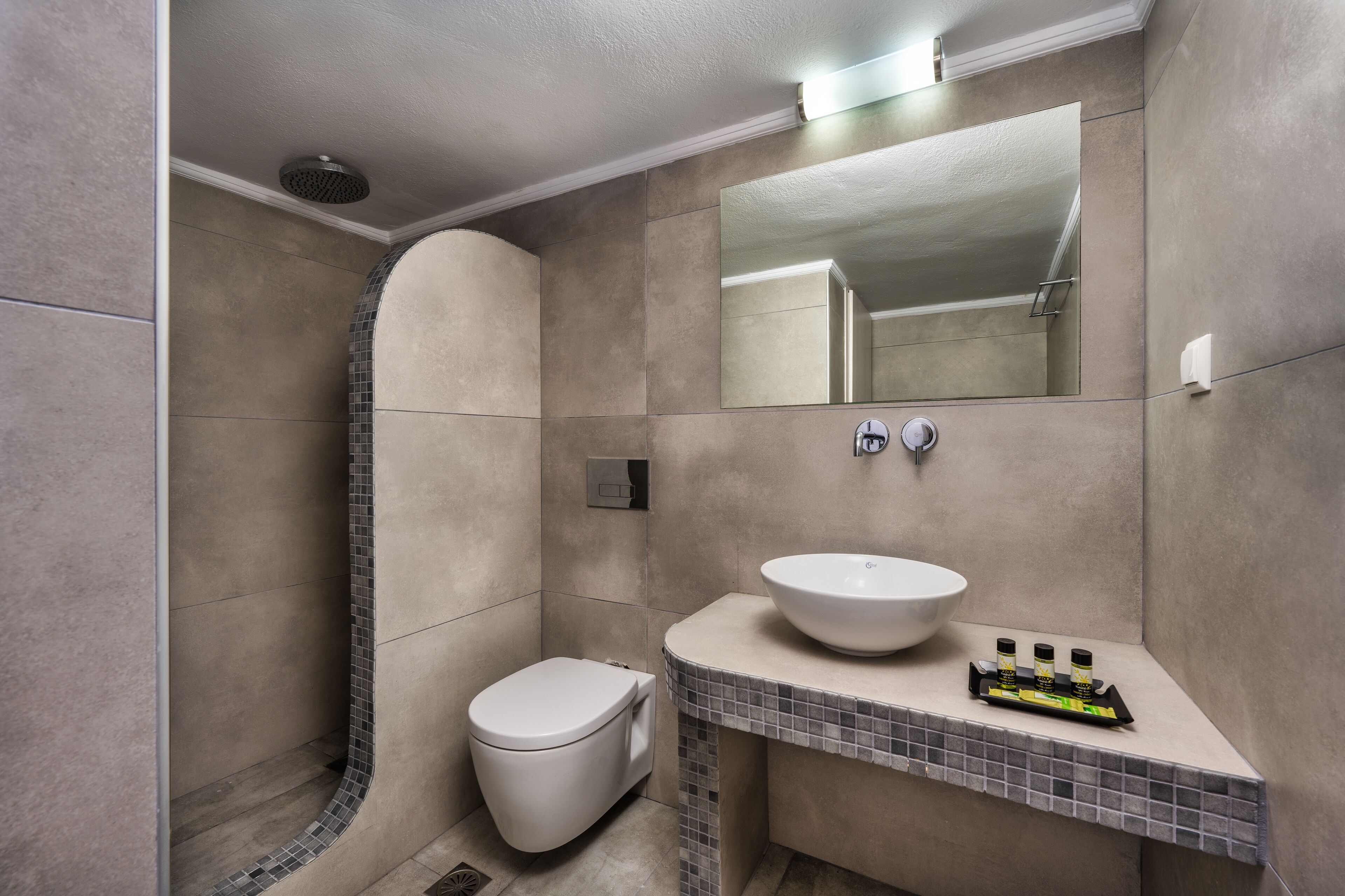 A modern bathroom with a shower, toilet, and sink.