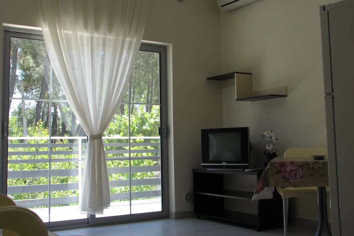 A room with a sliding glass door, a flat-screen TV on a stand, a small table with a floral tablecloth, and a white air conditioning unit on the wall.