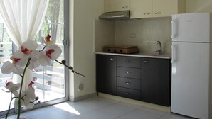 公寓, 1 間臥室, 露台, 花園景 | 私人廚房 | 雪櫃、爐具、電熱水壺、廚房用具/餐具/器皿