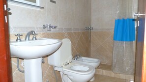 Shower, rainfall showerhead, bidet, towels