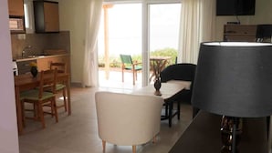 Um espaço compacto com cozinha compacta, área de refeições, sofá e televisão.