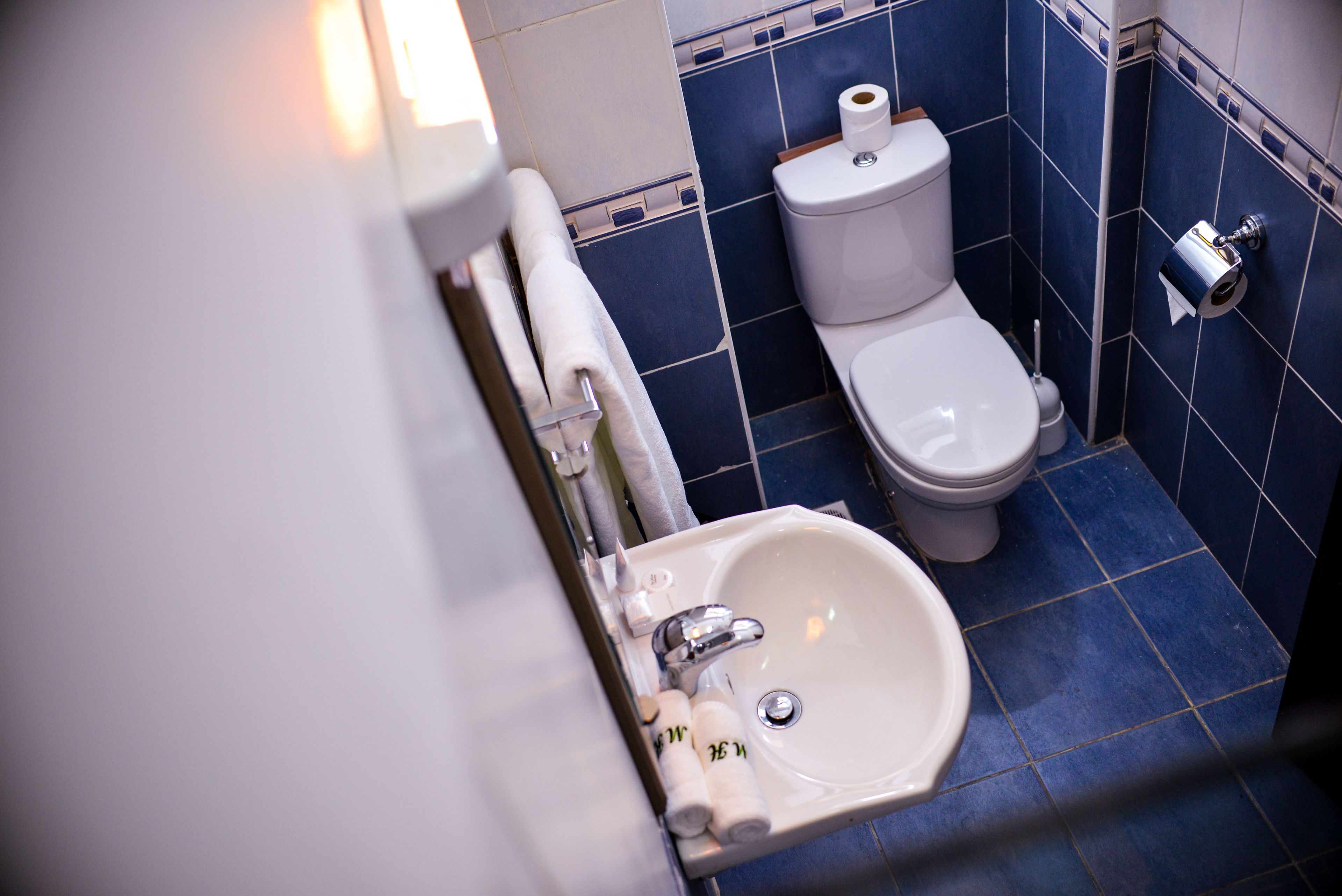 Et badeværelse med en hvid vask, toilet og vægge beklædt med blå fliser.