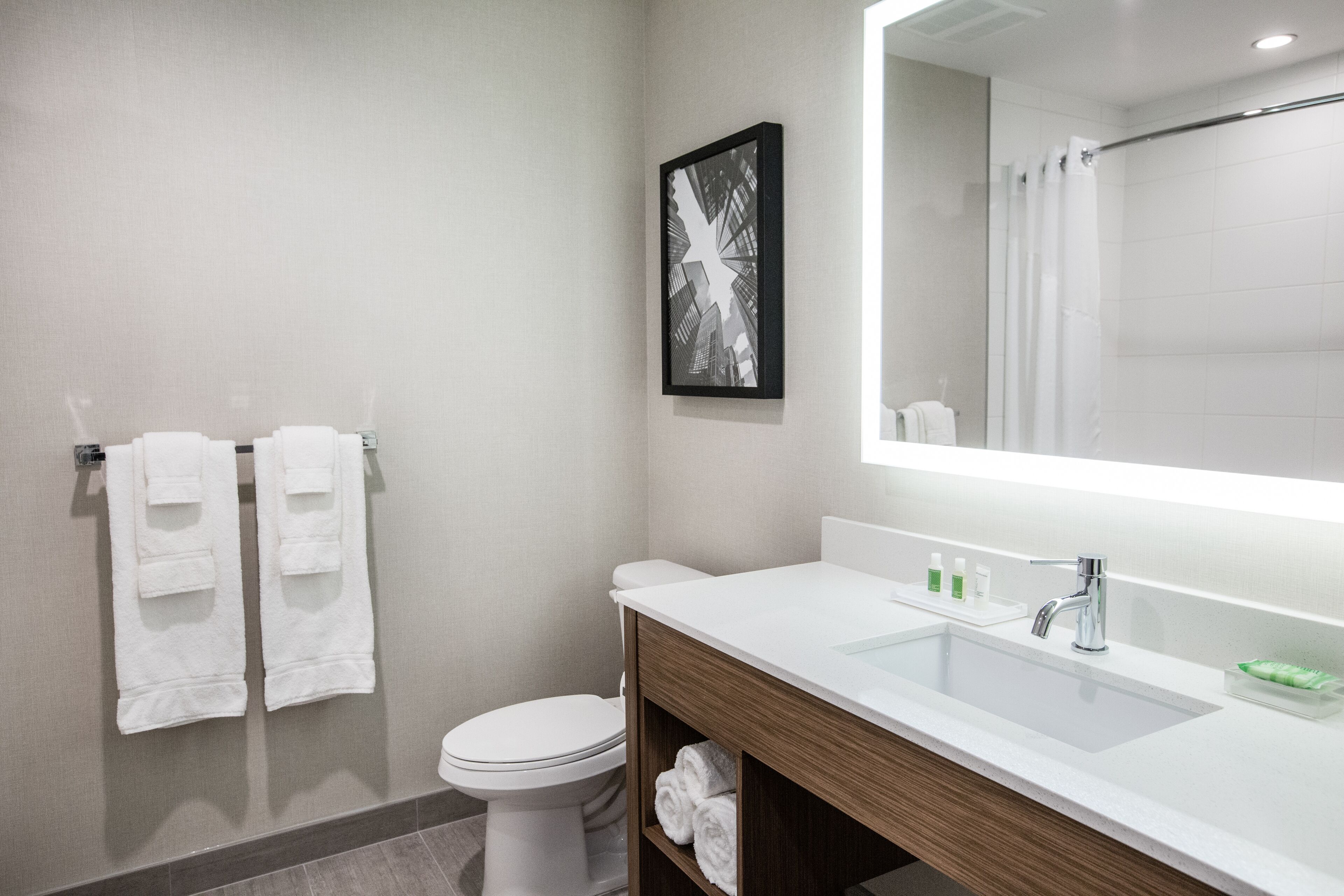 A modern bathroom with a white sink, a large mirror, and a toilet.