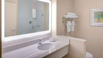 Shower, rainfall showerhead, designer toiletries, hair dryer