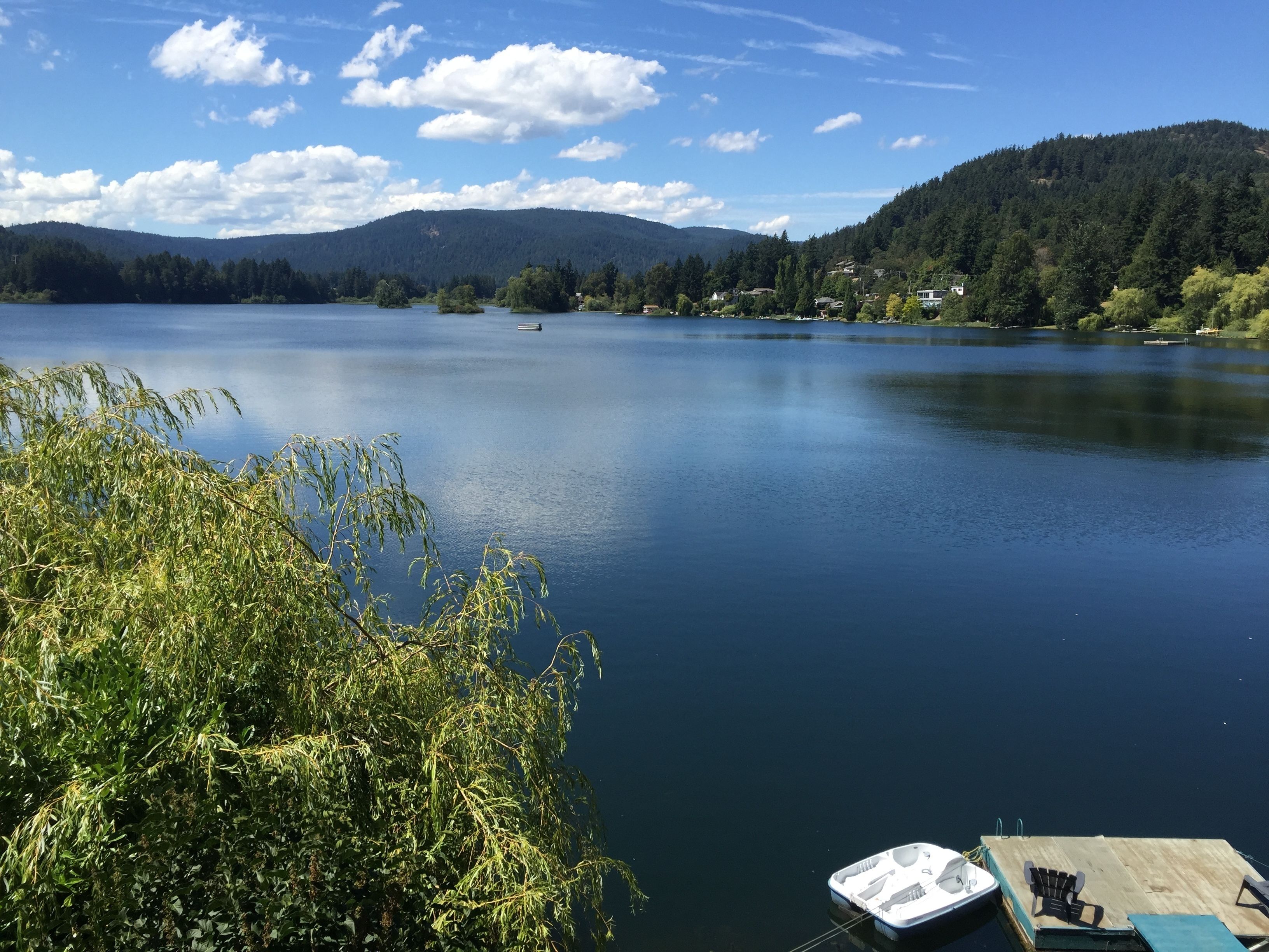 A calm lake with a dock and a small boat.