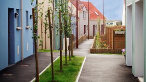 Eine Wohnstraße mit Häusern, Bürgersteig und jungen Bäumen.