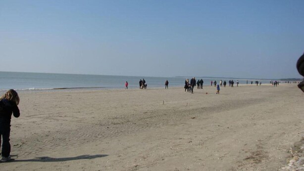 En bred sandstrand med folk utspridda över den, en klar himmel och havet i bakgrunden.
