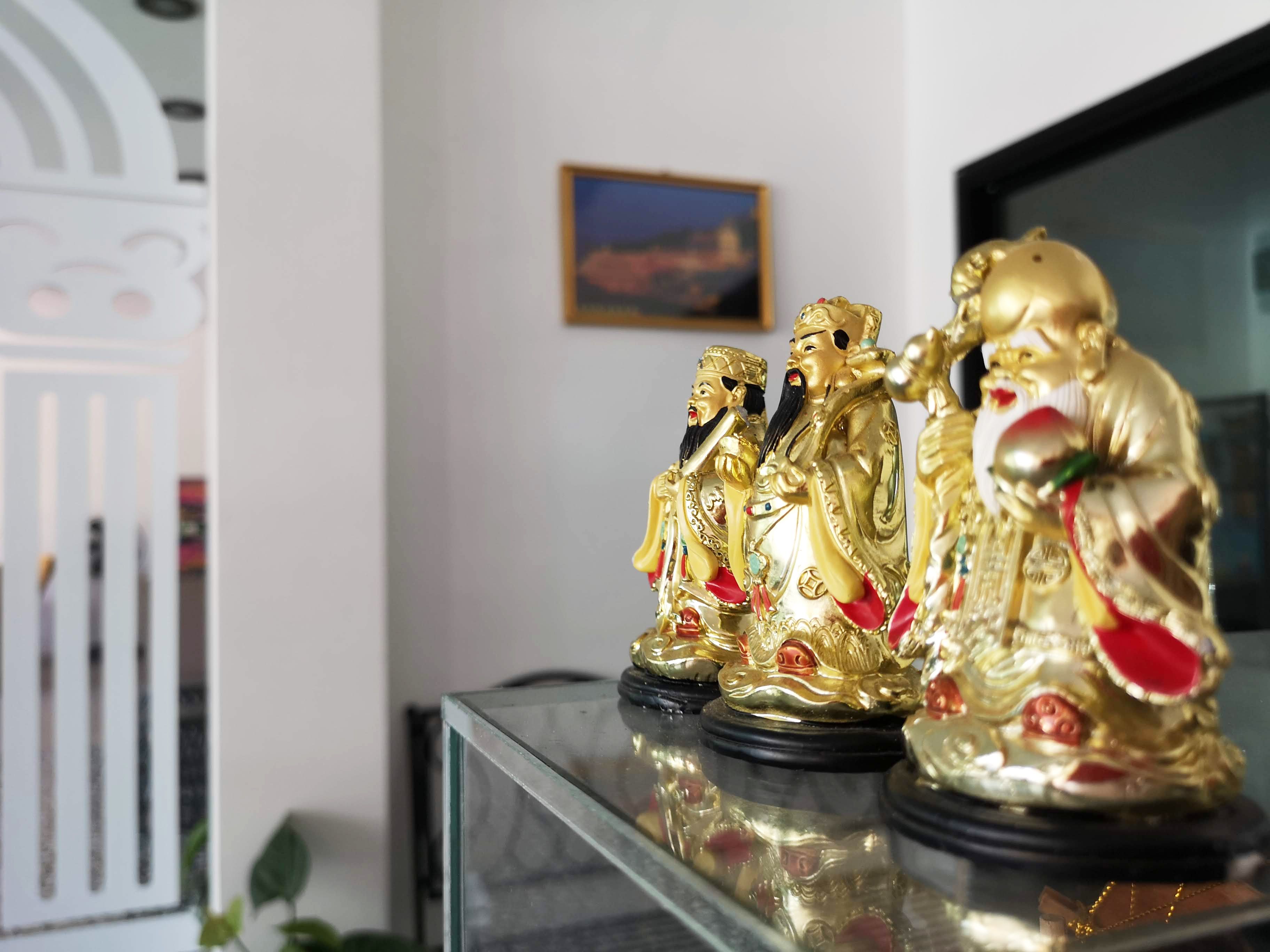 A glass display case with golden statues of deities, a white door, and a framed picture on the wall.