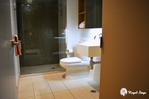 Ein modernes Badezimmer mit einer gläsernen Duschkabine, einer weißen Toilette und einem Waschbecken mit Spiegel darüber.