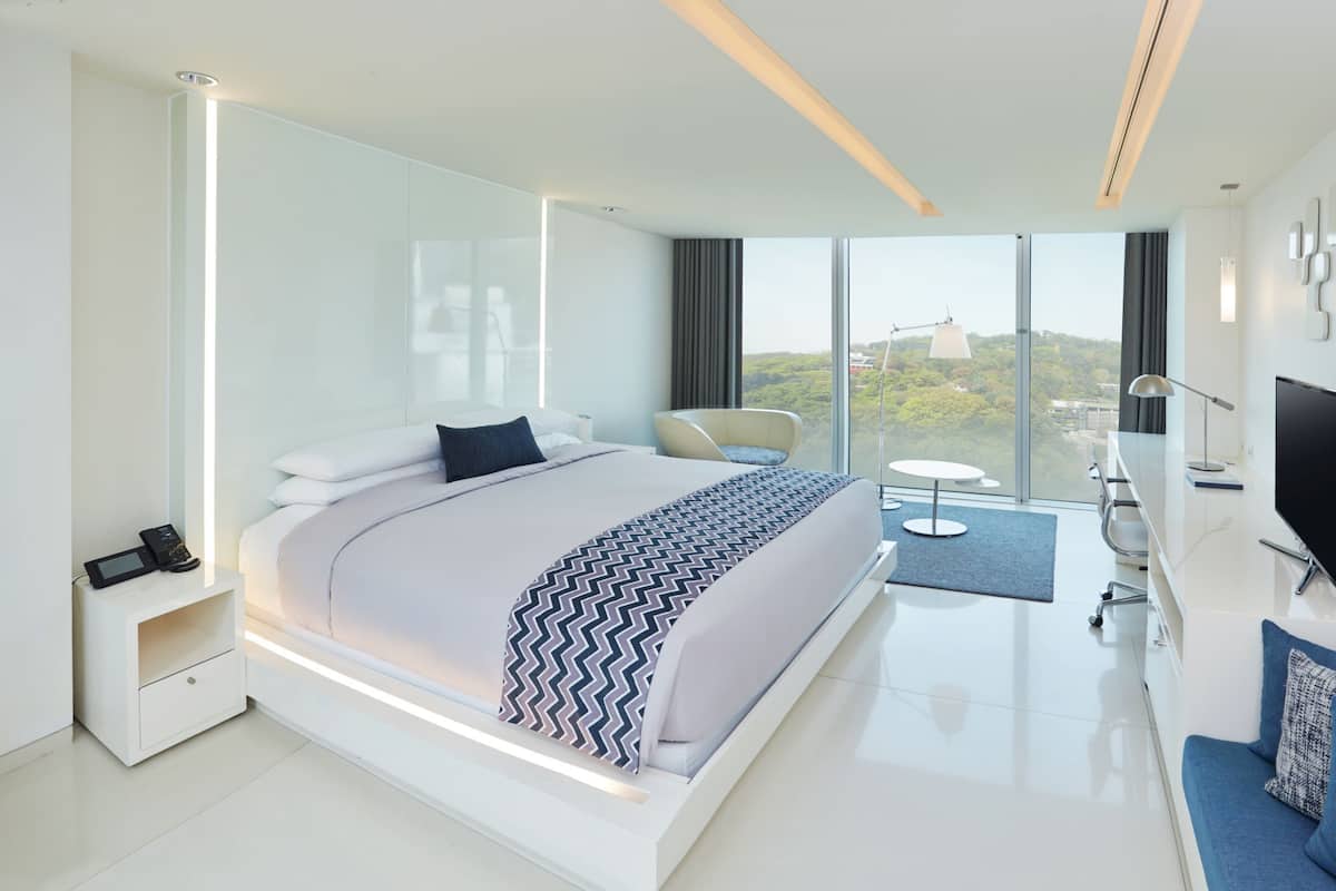 Een moderne hotelkamer met een groot bed, een televisie, een bureau en uitzicht op de stad.